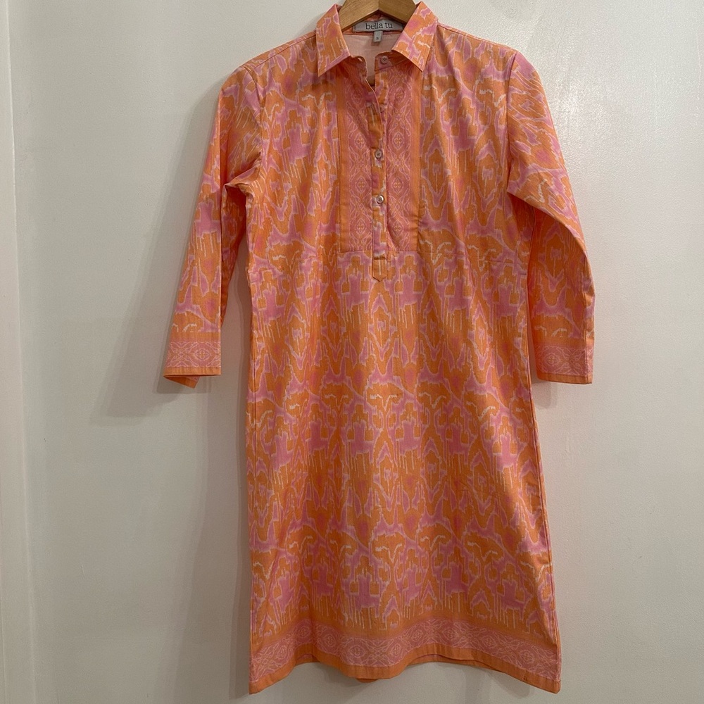 Bella Tu Dress Collar V Neck 3/4 Sleeve Vibrant Orange & Pink Women’s Size S - Picture 3 of 10